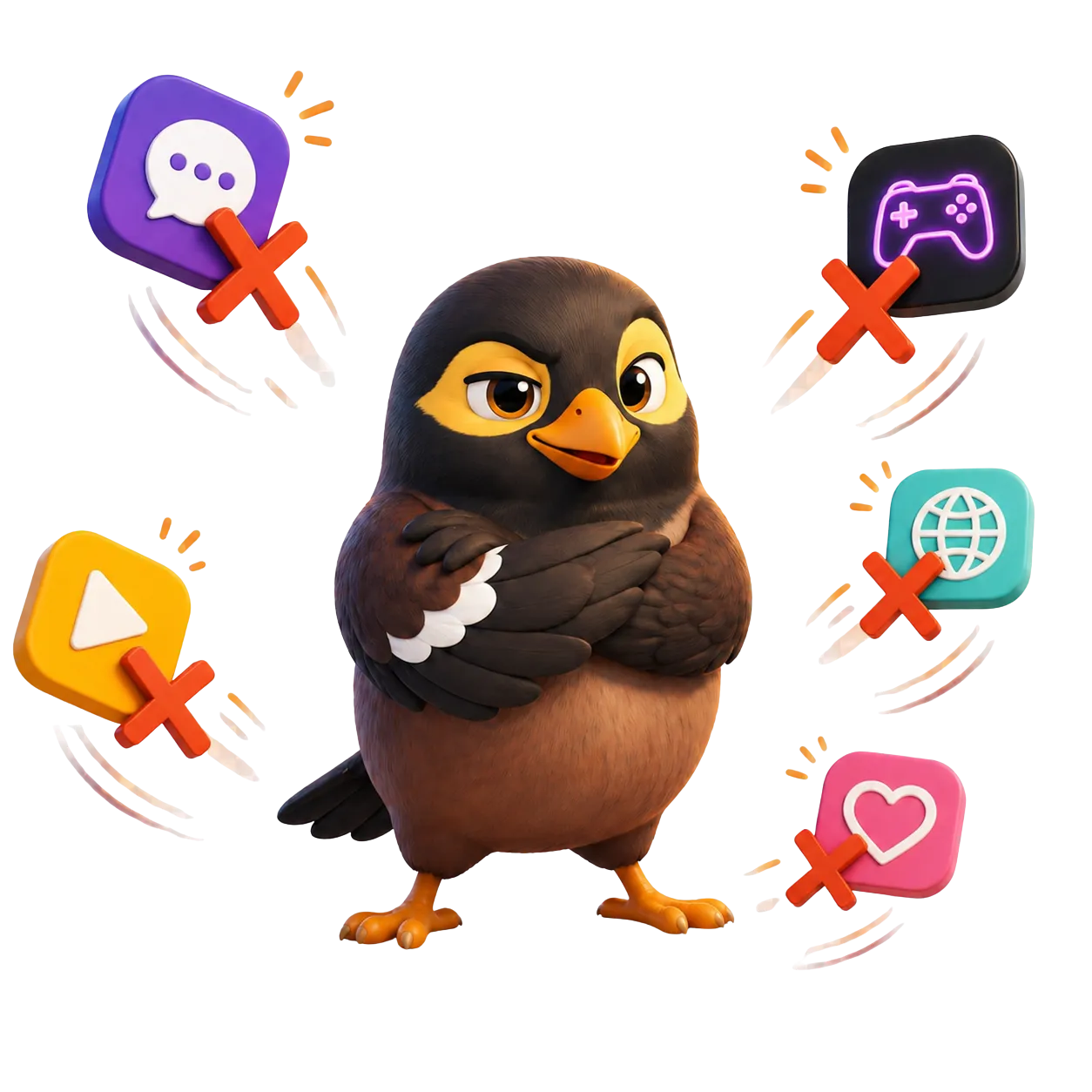 Myna bird waving away crossed-out social media apps