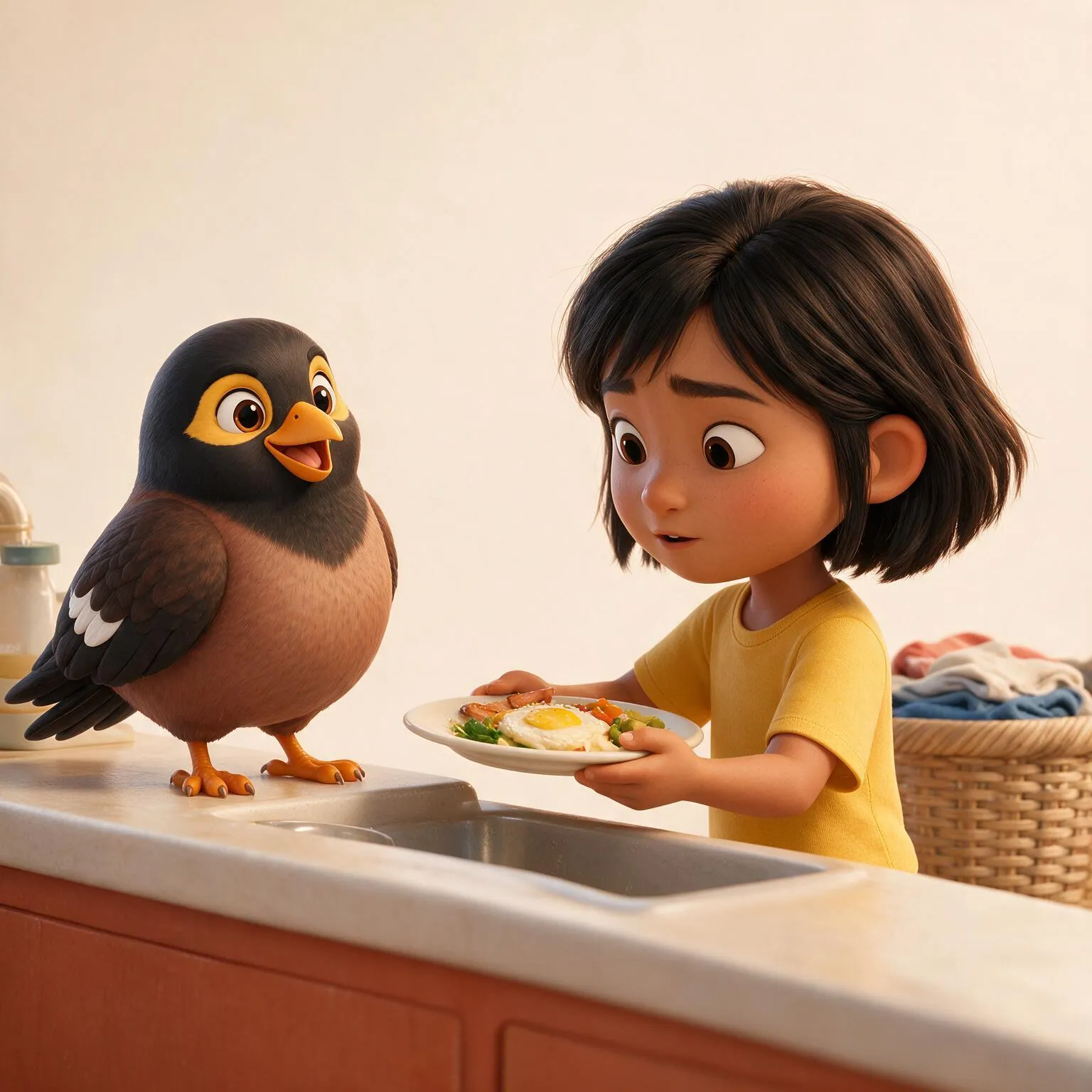 A child carrying her plate to the kitchen sink while a laundry basket waits on the floor behind her