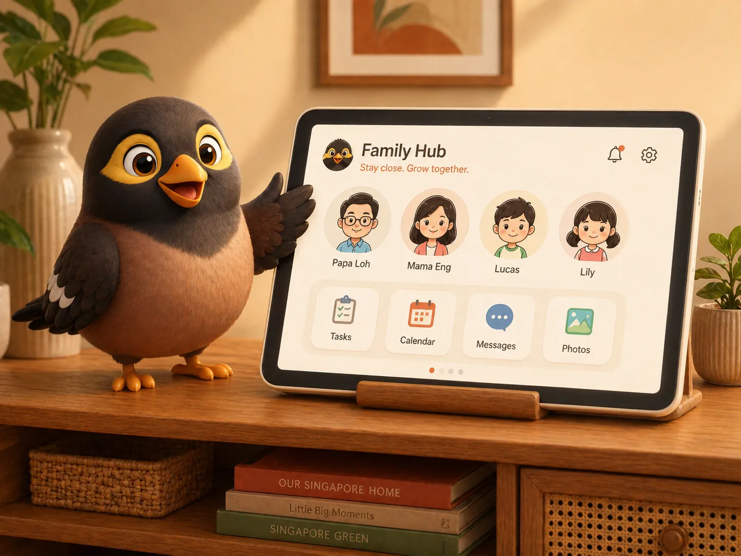 Family Hub tablet on a wooden console with the Myna mascot pointing at it