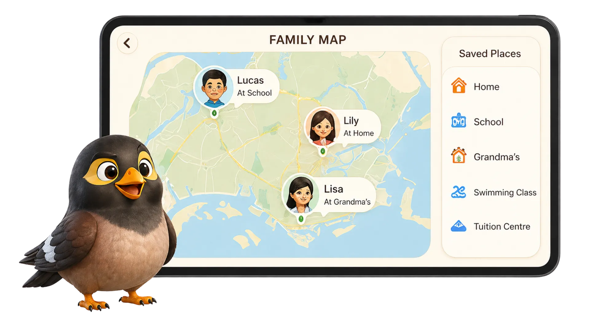 Family map tablet view — kids' avatars at school, home and grandma's, with the saved places sidebar