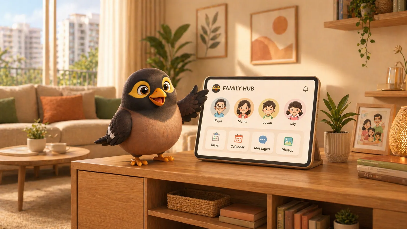 Aunty the Myna pointing at the Family Hub tablet on a cozy living-room shelf