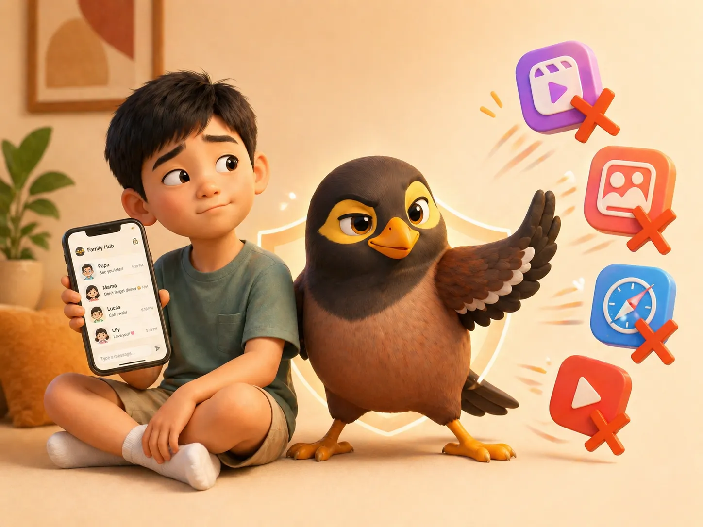 A boy holding a Myna phone with social-media app icons crossed out around the Myna mascot