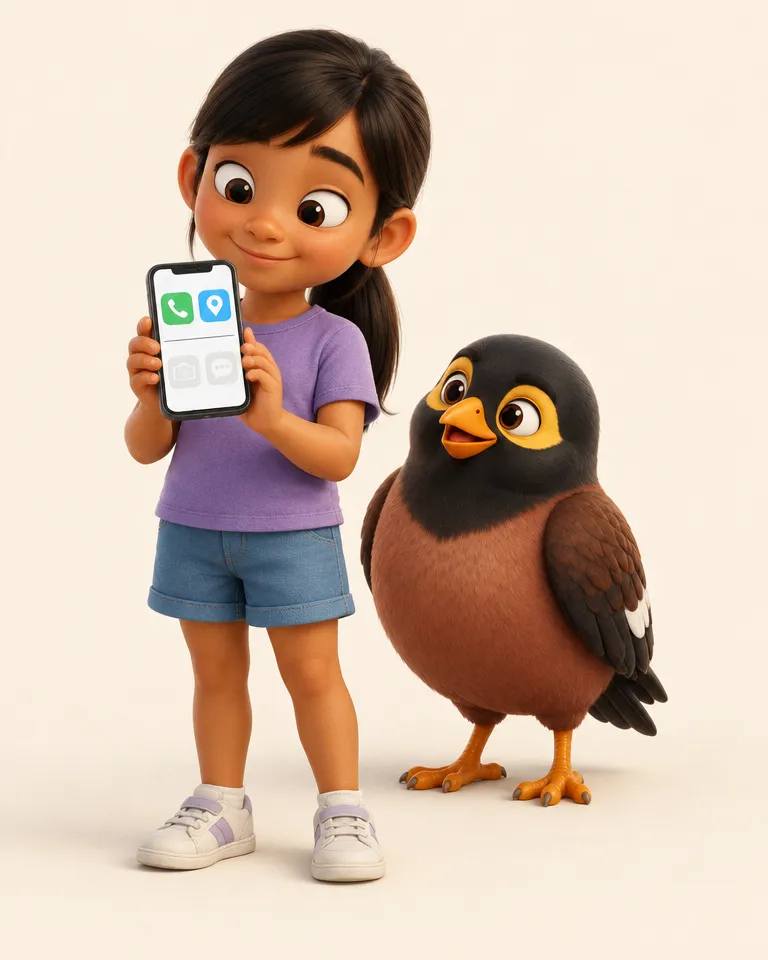 A girl of about nine holding her phone, its screen split in two: Phone and Maps bright at the top, everything else faded below. The myna stands beside her. parent approves. Beside it, a parent's phone shows an approval notification.