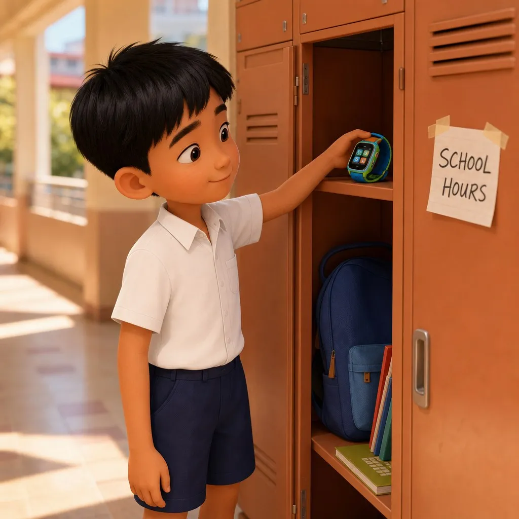 A Singapore primary school boy in white shirt and navy shorts placing a kids' smartwatch-phone on the shelf of his locker, beside a handwritten sign reading School Hours